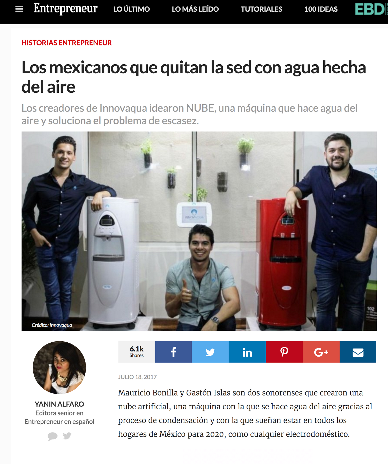 Innovaqua Featured in Emprendedor: Transforming Air into Clean Water